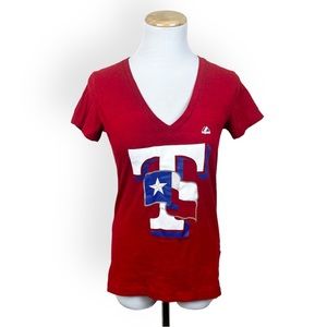 MAJESTIC Red Texas Rangers Baseball Womens V Neck Short Sleeve T Shirt SMALL Tee